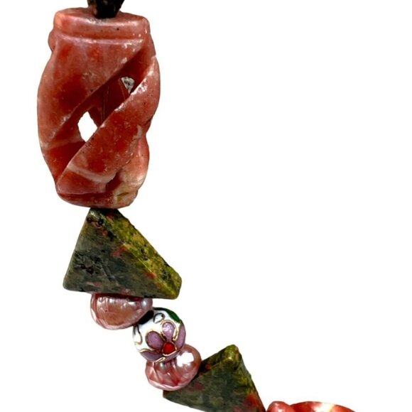 Handcrafted Unakite Pink Opal Pink Pearls & Cloisonné Beads Necklace.   B50 - Picture 10 of 16